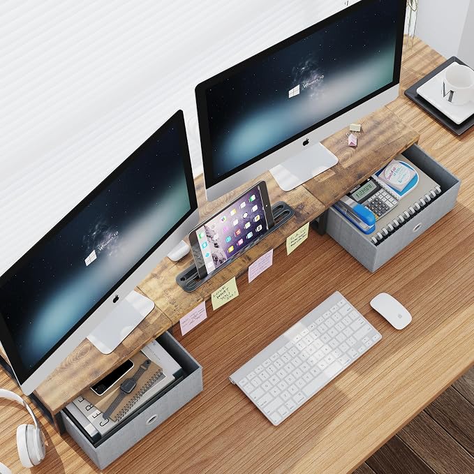39 Inch Dual Monitor Stand Riser with 2 Drawers - Large Brown Wooden Computer Stand for 2 Monitors, Ergonomic Desk Organizer with Phone Holder, Desktop Storage for Laptop, Office Supplies, Home Office - Image 2