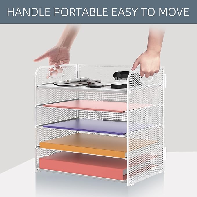 5 Trays Paper Organizer Letter Tray with Handle-Mesh Desk File Holders, Paper Sorter Desk Organizer for Office, Home, Classroom or School, White - Image 7