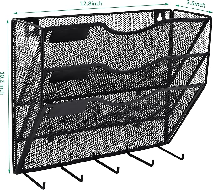3 Pocket Mesh Hanging File Organizer with Key Holder Hooks & Nametag Label, Wall Mounted Mail Paper Document Folder Clipboard Storage Organization Magazine Rack for Office Cubicle, Black - Image 2