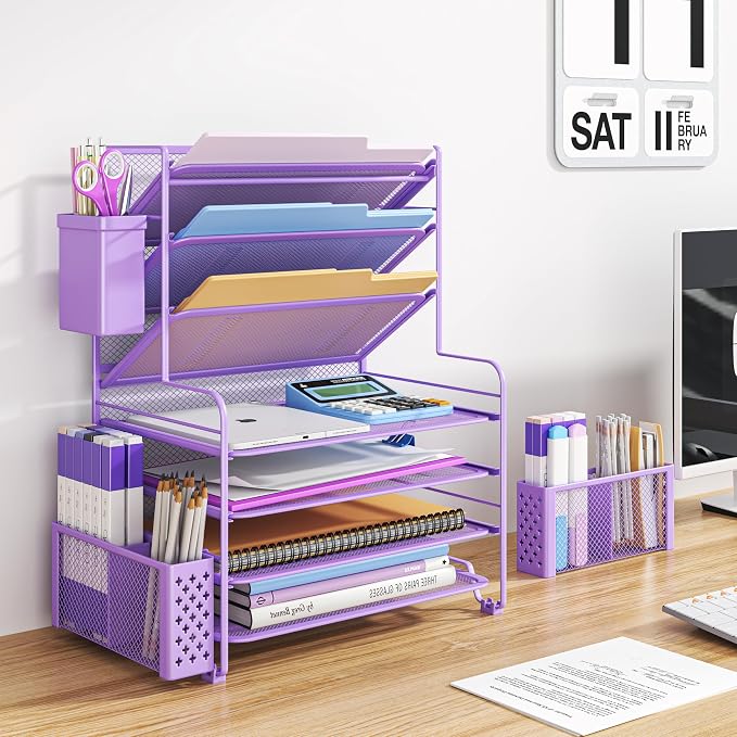 Simple Trending 7 Tier Desk File Organizer, Letter Tray Paper Organizer with Pen Holder and Metal Hanging Basket, Purple - Image 2