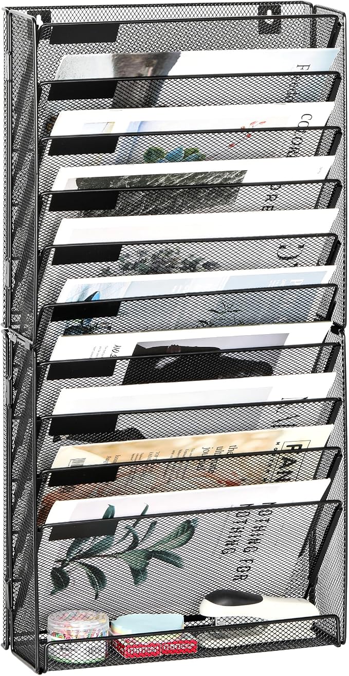 EasyPAG Wall File Holder 10 Tier Mesh Hanging Folder Organizer with Flat Tray Wall Mounted Mail Organizer Magazine Paper Desk Shelf with Nametag Label for Office Home School, Black by EasyPAG