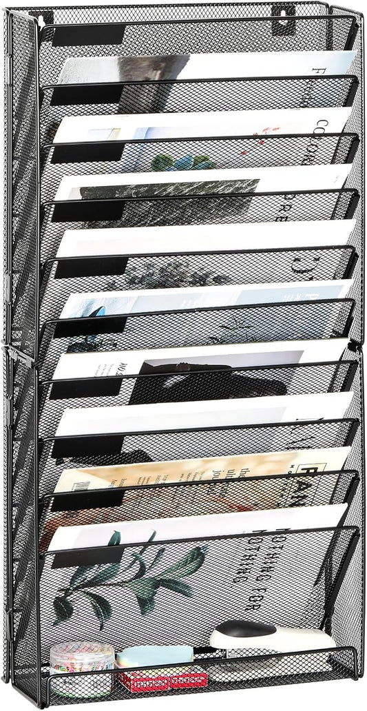 EasyPAG Wall File Holder 10 Tier Mesh Hanging Folder Organizer with Flat Tray Wall Mounted Mail Organizer Magazine Paper Desk Shelf with Nametag Label for Office Home School, Black by EasyPAG