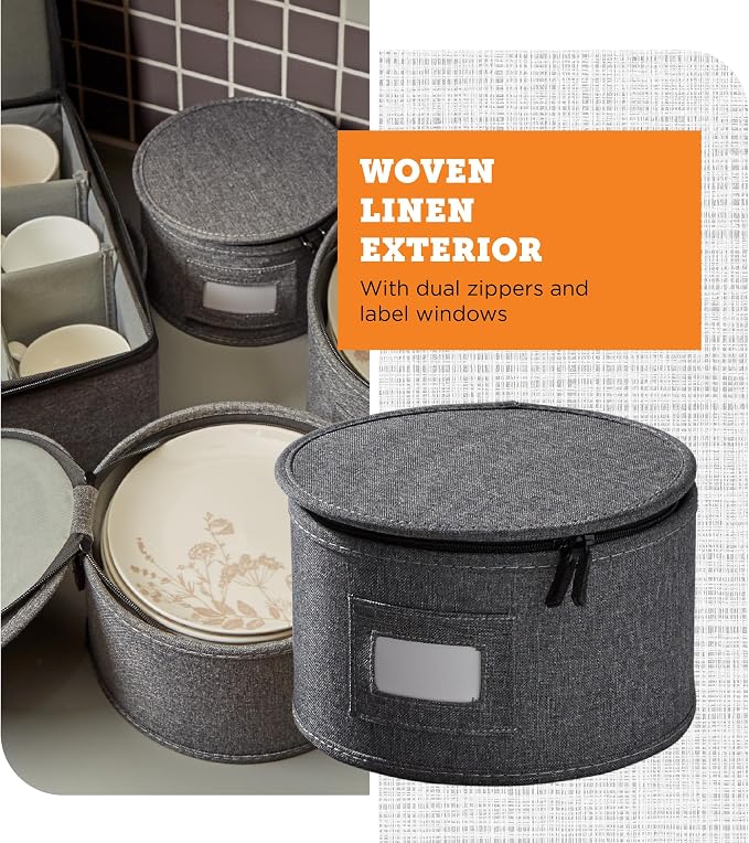 5-Piece Premium China Storage Set | Plates & Mugs | Gray | Full China Set For 12 - 4 Plate Cases + Mug Case, Flip-Top Lid. Hard Shell, Felt Dividers, Stackable, Easy Access. - Image 6