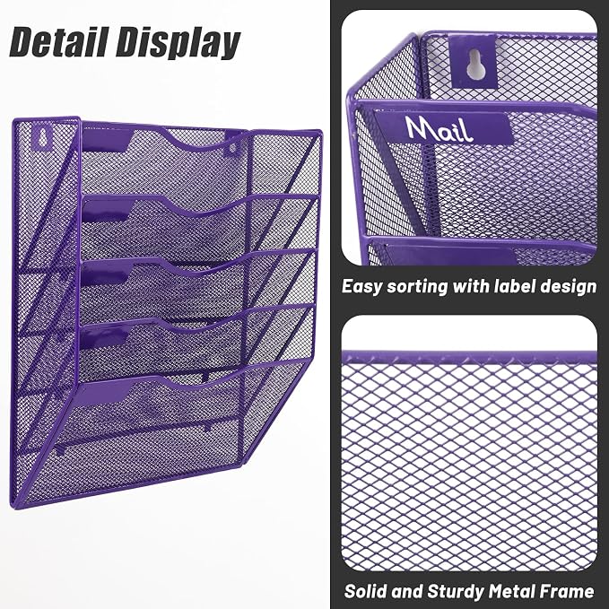 5 Pocket Mesh Hanging Wall File Organizer, Wall Mounted Mail Paper Document Folder Holder, Clipboard Storage Organization Magazine Rack with Nametag Label for Office Home School, Purple - Image 4