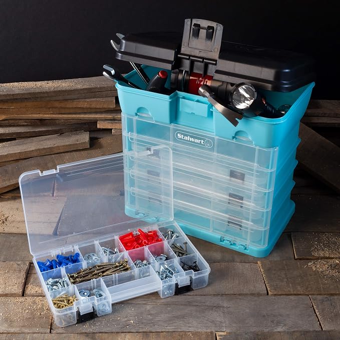 Small Parts Organizer Box - 10-Inch Portable Storage Case with 4 Removable Multi-Compartment Trays for Screws, Beads, Small Fishing Tackle, Hardware, and Craft Supplies by Stalwart (Light Blue) - Image 4