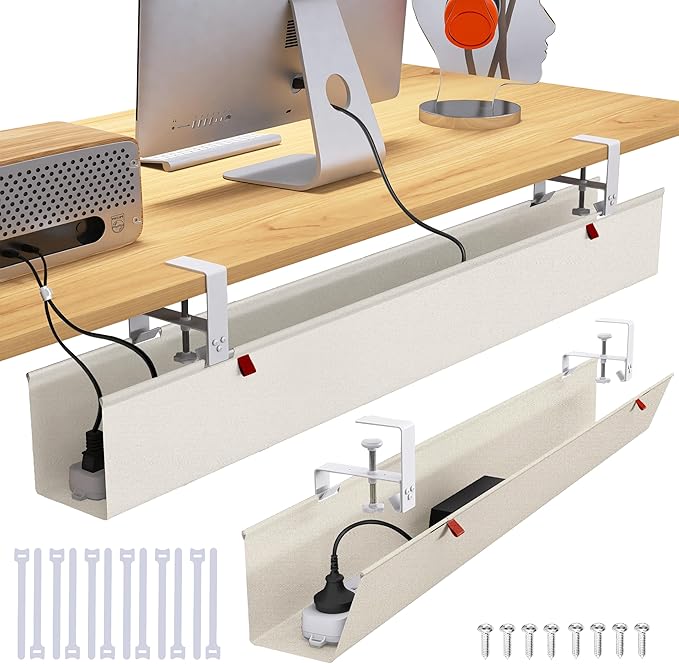 Extra Large 48" Under Desk Cable Management Tray for Standing Desk, No Drill Clamp On Wire Hider, Heavy Duty Anti-Sag Cord Organizer, Cable Tray for Studio & Dual Monitors (Beige, 47.8") by Cotohim