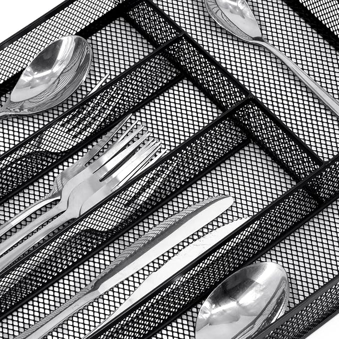 Neudeco Silverware Drawer Organizer, Black | 5 Compartment, Mesh Wire, Non-Slip Feet, Cutlery Tray - Image 2