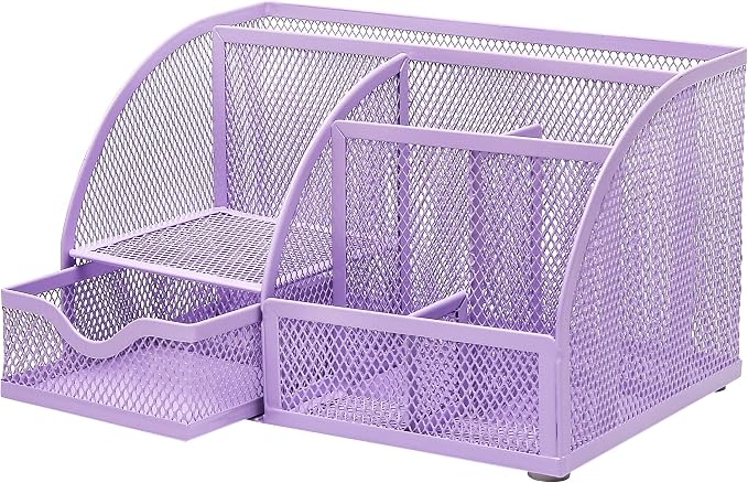 Exerz Metal Mesh Desk Organizer 7 Compartments with Drawer Light Purple | Compact Stationery Caddy with Multi Size Sections for Neat Study Work and Home Storage Needs - Image 9