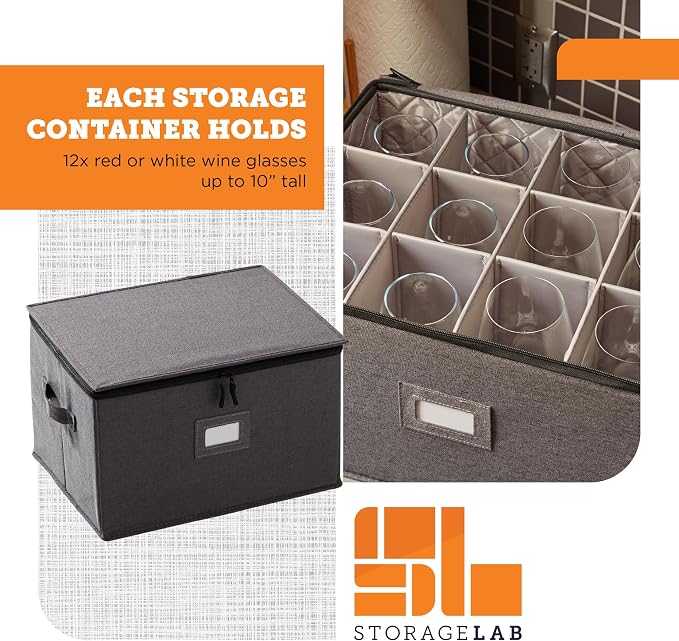 Wine Glass Storage Case | Hard Shell Felt Dividers | Gray | Hard Shell Case Holds 12 Wine Glasses In 4x4 Felt Compartments. Stackable, Top-Load, Label Tag. Keeps Stemware Chip-Free. - Image 4