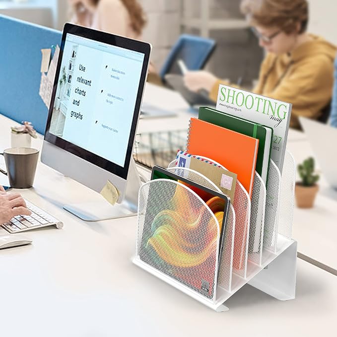 Delifox Inclined Desk File Organizer,Vertical File Folder Holder Stand Metal Rack File Sorter for Office Classroom Desktop Organization (2, White, 5) - Image 8