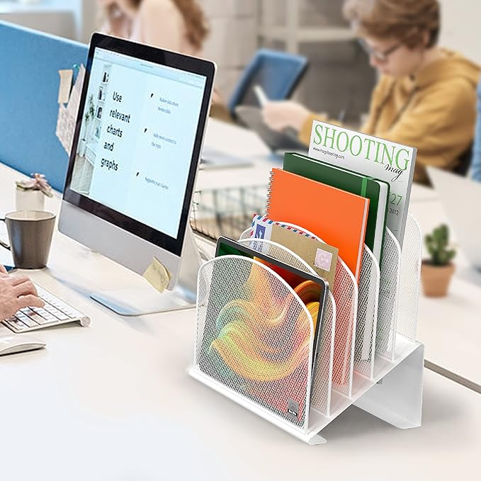 Delifox Inclined Desk File Organizer,Vertical File Folder Holder Stand Metal Rack File Sorter for Office Classroom Desktop Organization (1, White, 5) - Image 6