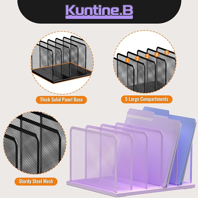 Kuntine.B 5-Section Upright Desk File Organizer Purple 1 Pack | Vertical, Mesh, Metal, Assembly, Stability, Sturdiness, Organization, Standing - Image 4