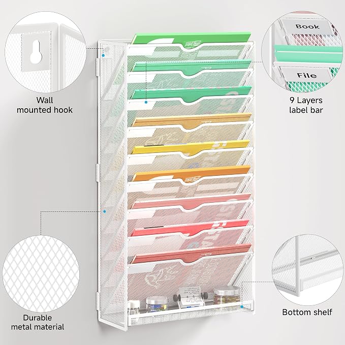 Lavatino 10-Tier Hanging File Organizer, Wall Mount File Holder for Mails Folders Papers Magazine Organization, Vertical Document Organizer for Office Home White - Image 3