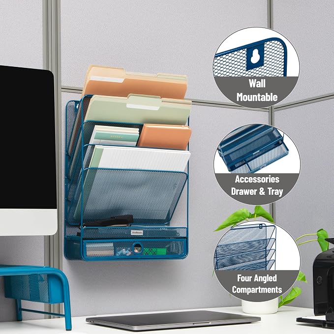 Mind Reader 4-Tier Vertical File Storage, Desktop Organizer, Wall Mount, Office, Metal Mesh, 12.5"L x 4"W x 16.5"H, Turquoise - Image 4