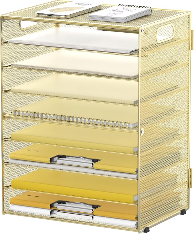 9-Tier Paper Organizer for Desk, Metal Mesh Letter Tray with Handles, Gold | Desk File Organizer with Removable Trays for Sorting Files, Folders, Mail and Printer Paper at Home, School or Office by DALTACK