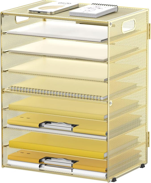 9-Tier Paper Organizer for Desk, Metal Mesh Letter Tray with Handles, Gold | Desk File Organizer with Removable Trays for Sorting Files, Folders, Mail and Printer Paper at Home, School or Office by DALTACK