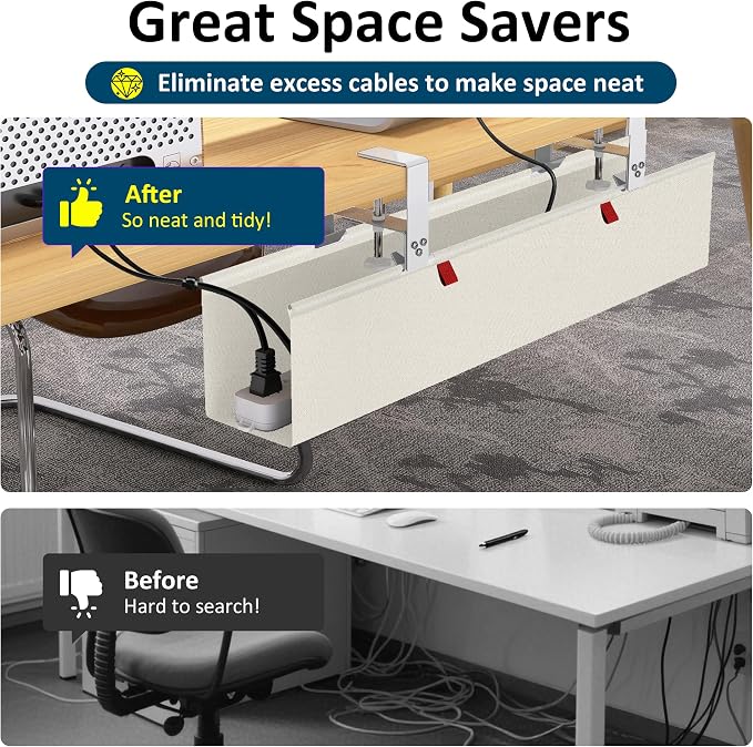 28" Small Under Desk Cable Management Tray No Drill, Compact Clamp On Cord Organizer for Dorm & Small Desk, Anti-Sag Oxford Fabric Wire Hider, Power Strip Holder (Beige, 28.6") - Image 6