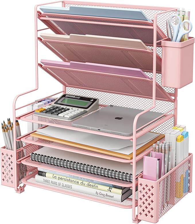 Simple Trending 7 Tier Desk File Organizer, Letter Tray Paper Organizer with Pen Holder and Metal Hanging Basket, Pink by SimpleTrending