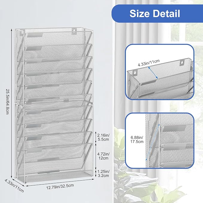 EasyPAG Wall File Holder 10 Tier Mesh Hanging Folder Organizer with Flat Tray Wall Mounted Mail Organizer Magazine Paper Desk Shelf with Nametag Label for Office Home School, Silver - Image 3
