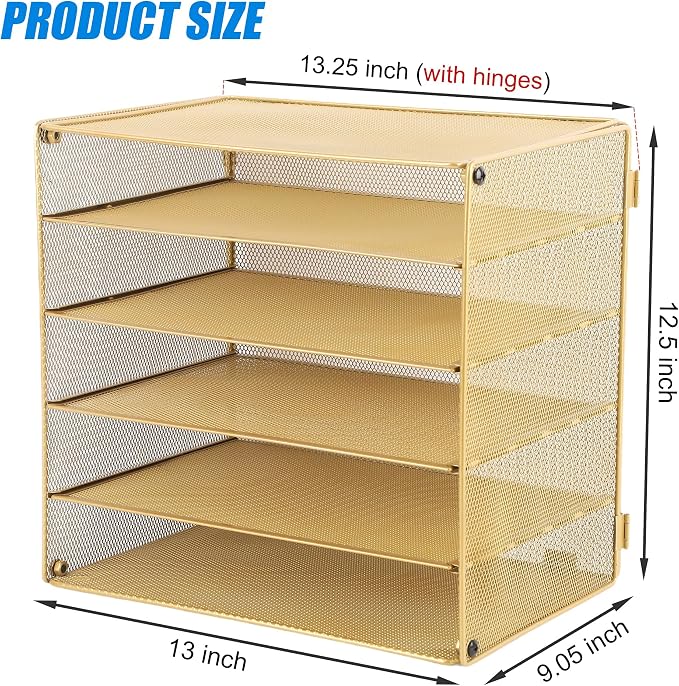 5 Slot Mesh Desk Organizer Tray, File Paper Letter Folder Holder Desktop Paper Sorter Mail Organization Rack Storage Accessories, for Office Home School Classroom, Gold - Image 2