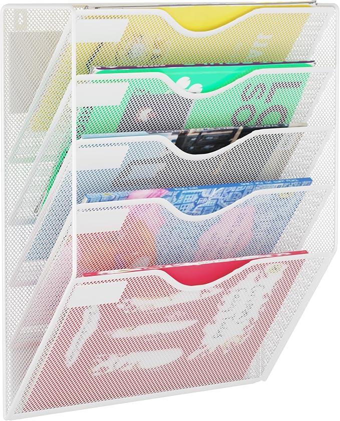 5-Tier Magnetic File Holder, No Drilling Wall File Organizer, File Folder Bins, Mail & Magazine Rack, Magnetic Paper Document Holder for Refrigerator File Cabinets Whiteboard, White by GDINDINFAN