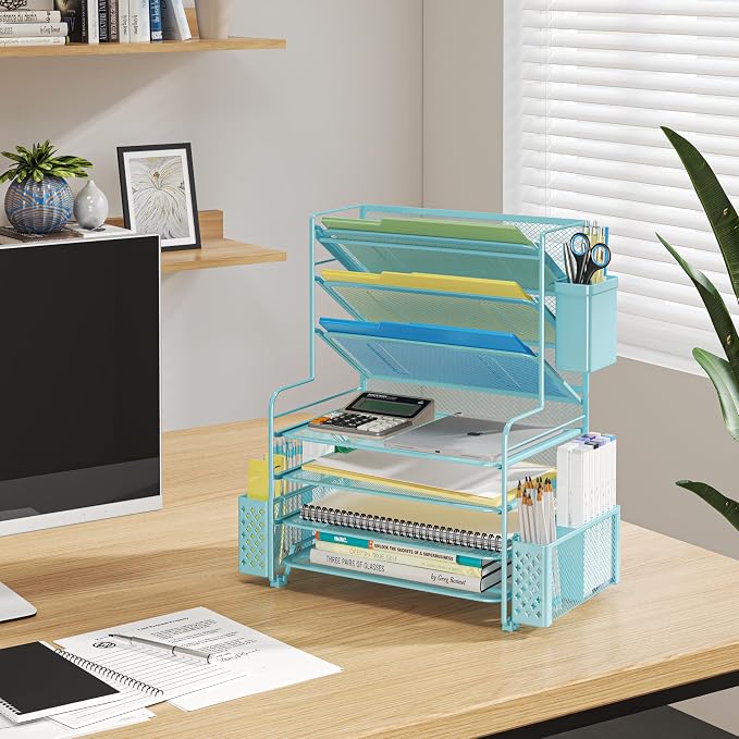 Simple Trending 7 Tier Desk File Organizer, Letter Tray Paper Organizer with Pen Holder and Metal Hanging Basket, Blue - Image 6