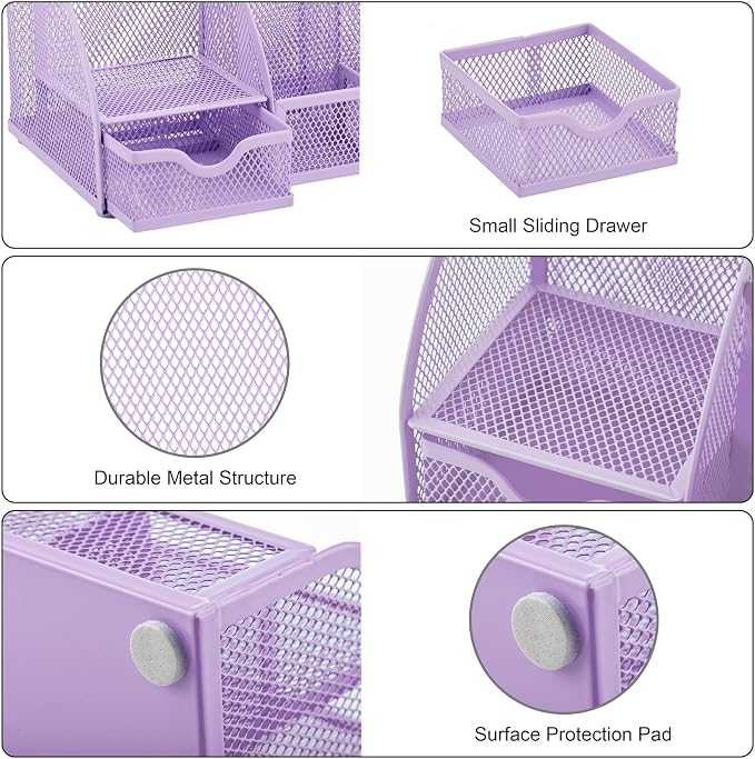 Exerz Metal Mesh Desk Organizer 7 Compartments with Drawer Light Purple | Compact Stationery Caddy with Multi Size Sections for Neat Study Work and Home Storage Needs - Image 6