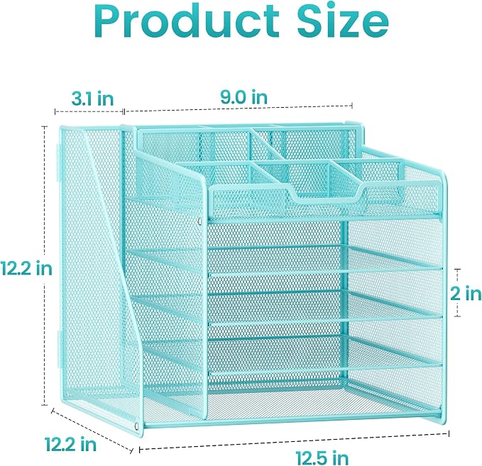 Lavatino 5-Tier Metal Mesh Desk Organizer with File Holder & 7 Customizable Compartments | Paper Letter Tray for Office or Home Desk Storage | Keep Workspace Supplies Neat & Organized, Blue - Image 4