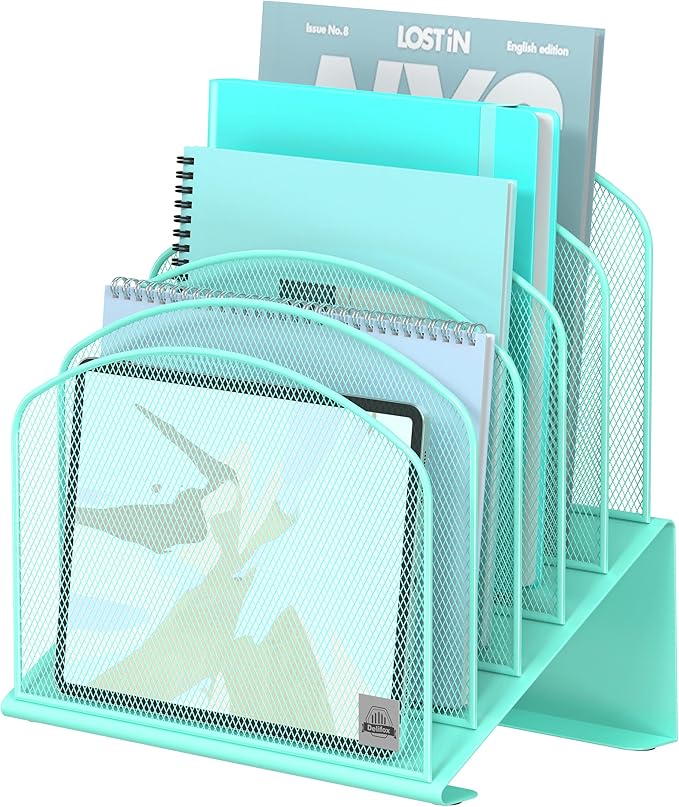 Delifox Inclined Desk File Organizer,Vertical File Folder Holder Stand Metal Rack File Sorter for Office Classroom Desktop Organization (1, Aqua, 5) by Delifox