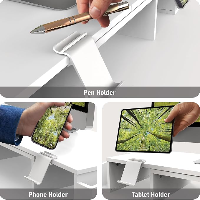 Simple Houseware Desk Dual Monitor Stand Riser with Drawer, White | Customizable Organizer Tray, Built-In Phone & Tablet Slot and Side Storage - Image 4