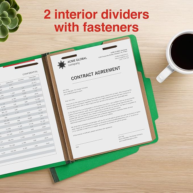 Staples 100% Recycled Heavy‑Duty Classification Folder, Letter Size, 2 Dividers, 2″ Expansion, Green Pressboard, Durable Construction, 10/Box - Image 4