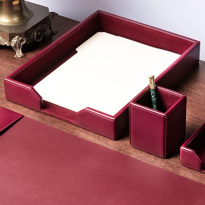 Dacasso Burgundy Bonded Leather Luxury Letter Tray Holder & Paper Organizer for Desk - Executive Desk Decor & Office Organization Essential - Image 2