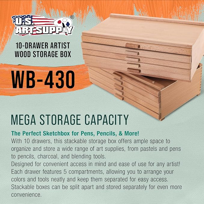 U.S. Art Supply 10-Drawer Artist Tool Supply Box with 5 Compartments per Drawer - Hardwood Art Box for Artist Supplies, Brushes, Pencils, Erasers, Tool Storage Organizer Case - Image 3