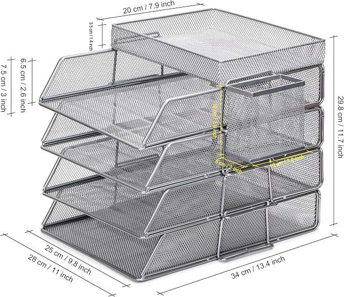 EXERZ Paper Trays Stackable 6pcs including 4 x Sorters, 1 x Top Tray,1 x Side Basket - Metal Desk Organiser/File Holder - Office, School - Image 2
