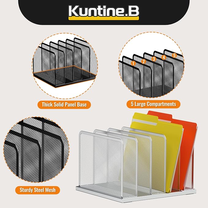 Kuntine.B Desk File Organizer Upright Mesh Desktop Organizer File Sorter Office Organization File Holder for Home, Office & Classroom (Silver, 1 Pack 5-Section) | Vertical, Mesh, Metal, Assembly, Stability, Sturdiness, Organization, Standing - Image 4