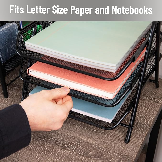 Mind Reader 3-Tier Paper Tray, Desktop Organizer, File Storage, Office, Metal Mesh, 11.75" L x 13.75" W x 10" H, Set of 2, Black - Image 6