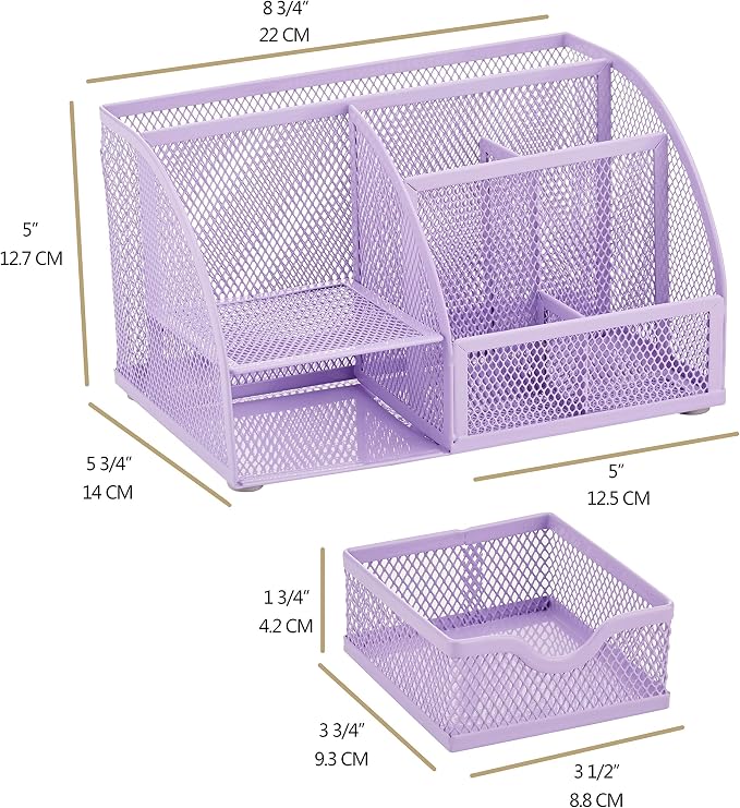 Exerz Metal Mesh Desk Organizer 7 Compartments with Drawer Light Purple | Compact Stationery Caddy with Multi Size Sections for Neat Study Work and Home Storage Needs - Image 2