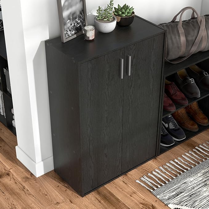 Homes: Inside + Out Apexa 3-Tier Stackable Wood Bookcase with Doors, Cube Storage Organizer Shelves, Small Food Pantry Cabinet, Dorm Teen Room Decor & Bedroom, Home Office, Kitchen, Black - Image 4