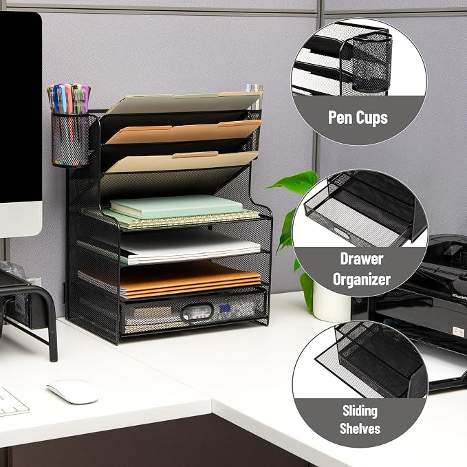 Mind Reader Mesh Desk Organizer, 6 Compartments, 1 Drawer, 2 Pen Cups, Office Desktop Organizer, Metal Mesh, Black - Image 4