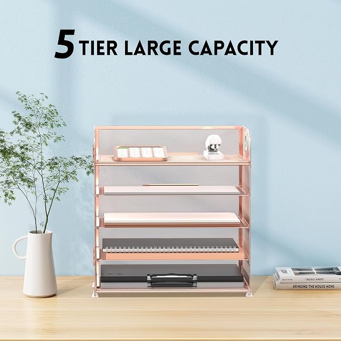 5 Trays Paper Organizer Letter Tray with Handle-Mesh Desk File Organizer, Paper Sorter Desk Organizer for Office, Home or School (Rose Gold) - Image 4