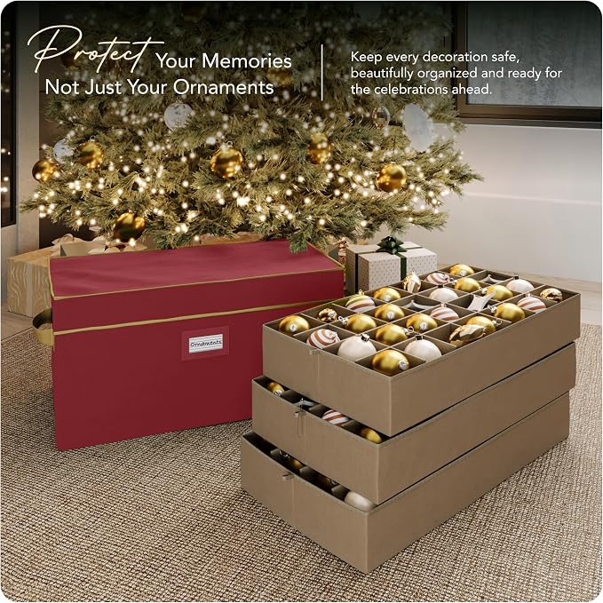 Covermates Keepsakes Adjustable Ornament Storage Box – Heavy-Duty Polyester, Padded Dividers & FlexGrid Trays – Protective Holiday Organizer with Stackable Walls & Label Window, Red - Image 2