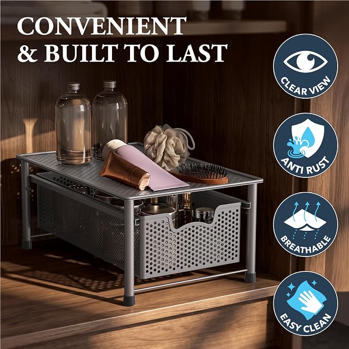 Simple Houseware Stackable Cabinet Basket Drawer Organizer, Silver - Image 5