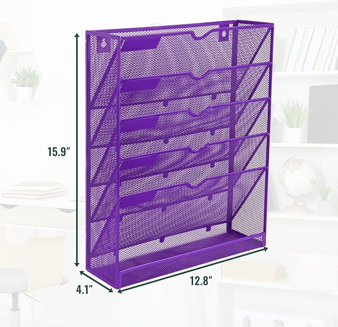 6 Tier Mesh Hanging Wall File Organizer, Desk Vertical Mail Paper Document Folder Holder Rack with Bottom Tray and Nametag Label for Office Home School, Purple - Image 2