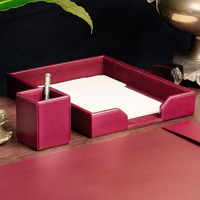 Dacasso Burgundy Bonded Leather Luxury Letter Tray Holder & Paper Organizer for Desk - Executive Desk Decor & Office Organization Essential - Image 4