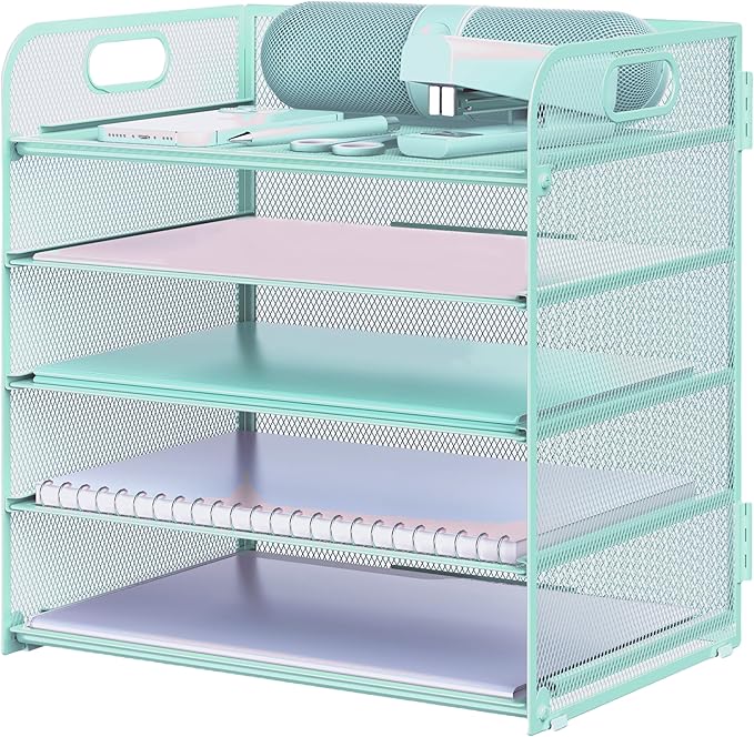 Letter Tray Paper Organizer 5-Tier Desk Organizer File Organizer Paper Holder with Handle, Metal Desktop Document Shelf Tray Office Classroom Organization - Blue by Sinboun