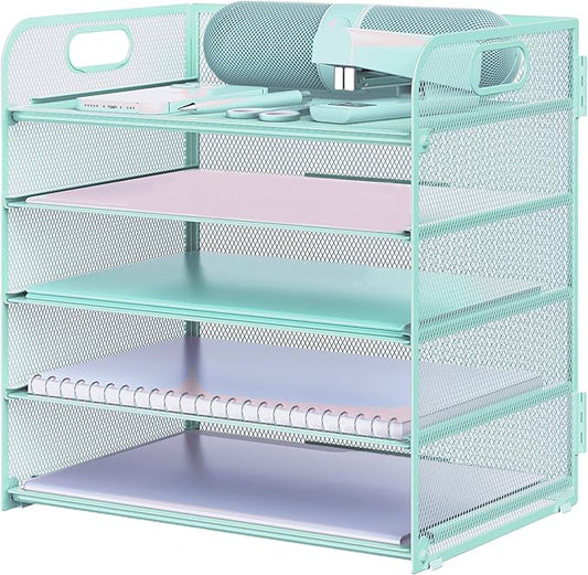 Letter Tray Paper Organizer 5-Tier Desk Organizer File Organizer Paper Holder with Handle, Metal Desktop Document Shelf Tray Office Classroom Organization - Blue by Sinboun