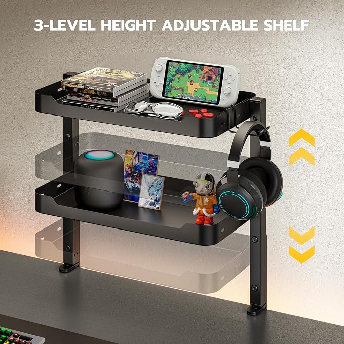 ARES WING 2-Tier 16 inch Clamp On Desk Shelf, Above or Under Desk Storage | Adjustable Desktop Organizer Shlef Holds 66 lbs Heavy Duty, with Headphone Holder for Working and Gaming Accessories, Black - Image 7