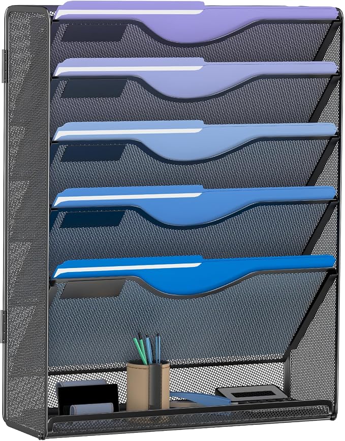 Gawerk 6 Tier Hanging File Organizer, Mesh Wall File Holder Paper Folder Rack with Bottom Flat Tray for Office Home, Black by Gawerk