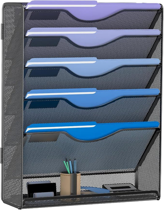 Gawerk 6 Tier Hanging File Organizer, Mesh Wall File Holder Paper Folder Rack with Bottom Flat Tray for Office Home, Black by Gawerk