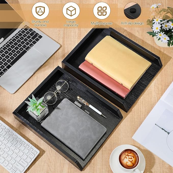 DoubleFill 2 Pcs Wooden Letter Trays 2 Tier Desktop Paper Organizer Wood Letter-Size Desk Document Tray Heavy Duty Stackable Paper Drawer Holder File Folder Back to School Office Home (Black) - Image 4